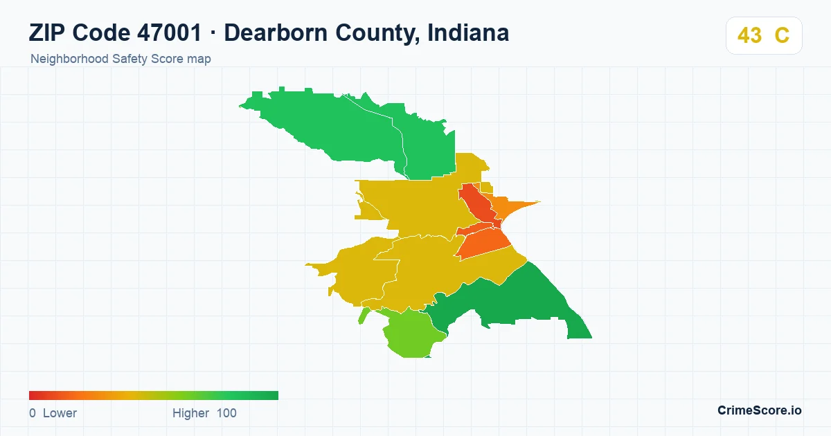 ZIP Code 47001 in Dearborn County, Indiana neighborhood Safety Score map