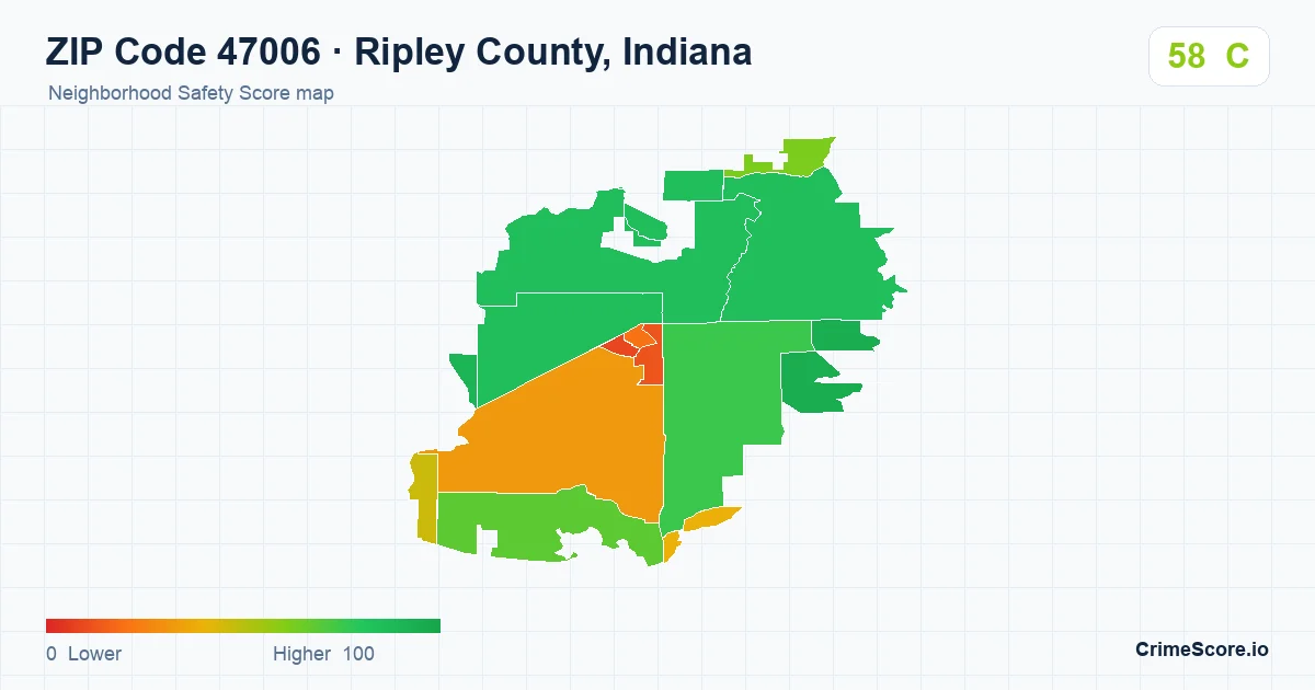 ZIP Code 47006 in Ripley County, Indiana neighborhood Safety Score map