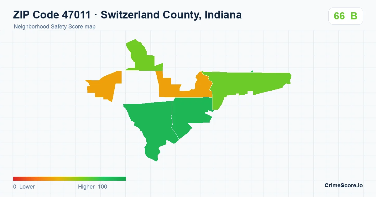 ZIP Code 47011 in Switzerland County, Indiana neighborhood Safety Score map