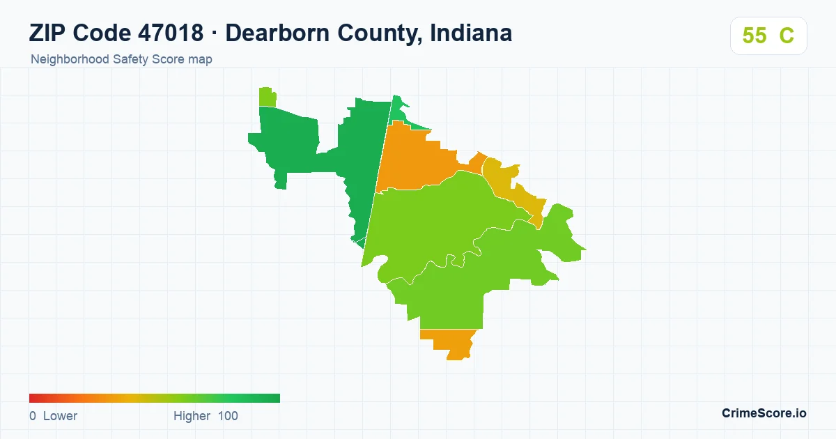 ZIP Code 47018 in Dearborn County, Indiana neighborhood Safety Score map