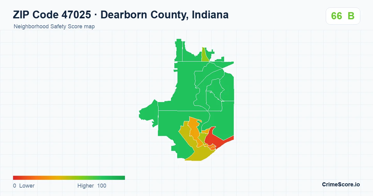 ZIP Code 47025 in Dearborn County, Indiana neighborhood Safety Score map