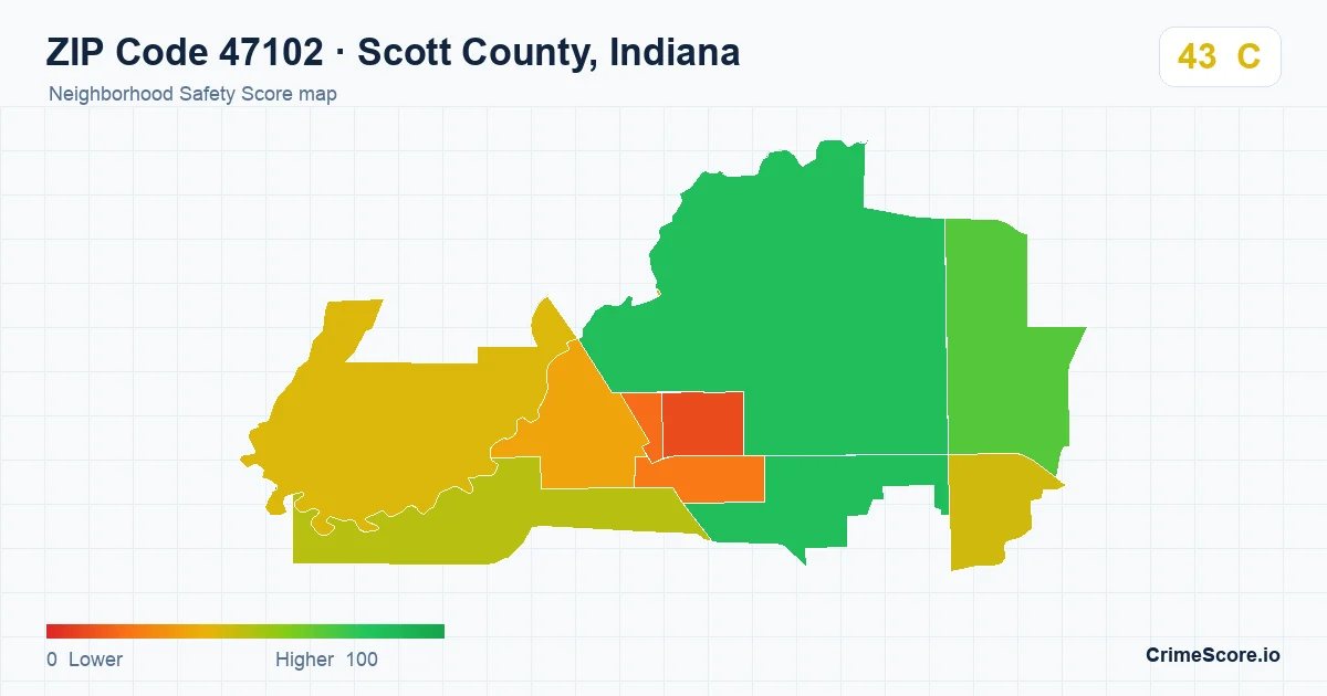 ZIP Code 47102 in Scott County, Indiana neighborhood Safety Score map