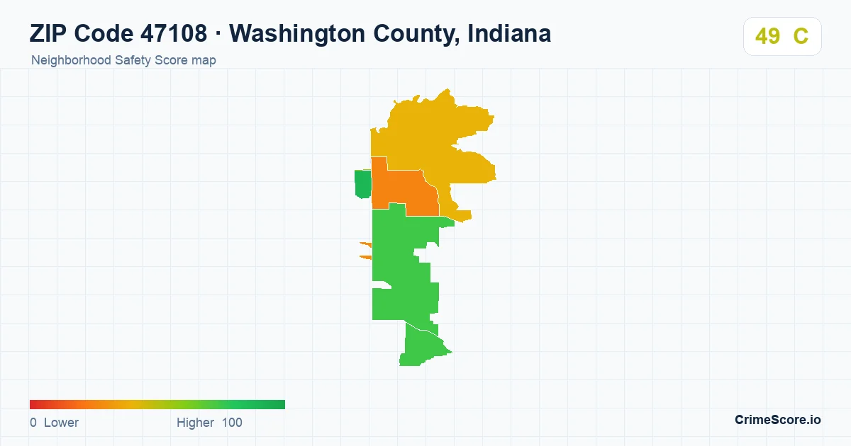ZIP Code 47108 in Washington County, Indiana neighborhood Safety Score map
