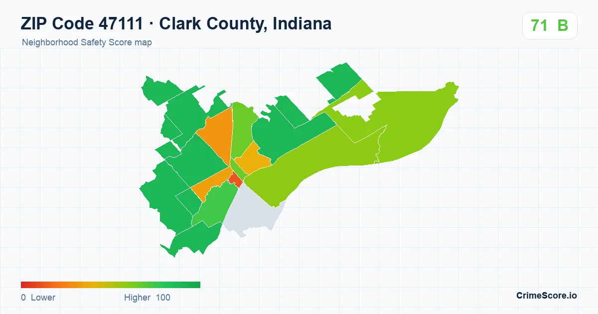 ZIP Code 47111 in Clark County, Indiana neighborhood Safety Score map