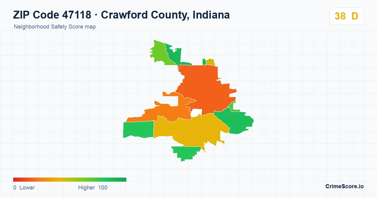 ZIP Code 47118 in Crawford County, Indiana neighborhood Safety Score map