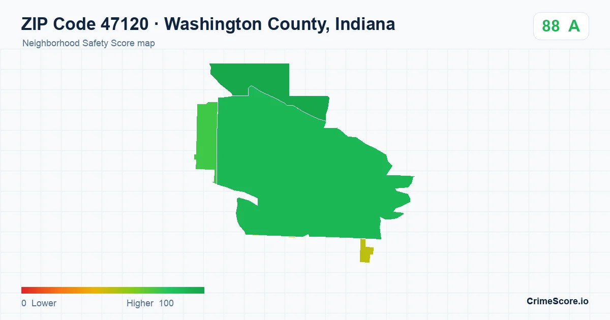 ZIP Code 47120 in Washington County, Indiana neighborhood Safety Score map