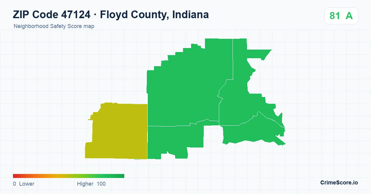ZIP Code 47124 in Floyd County, Indiana neighborhood Safety Score map