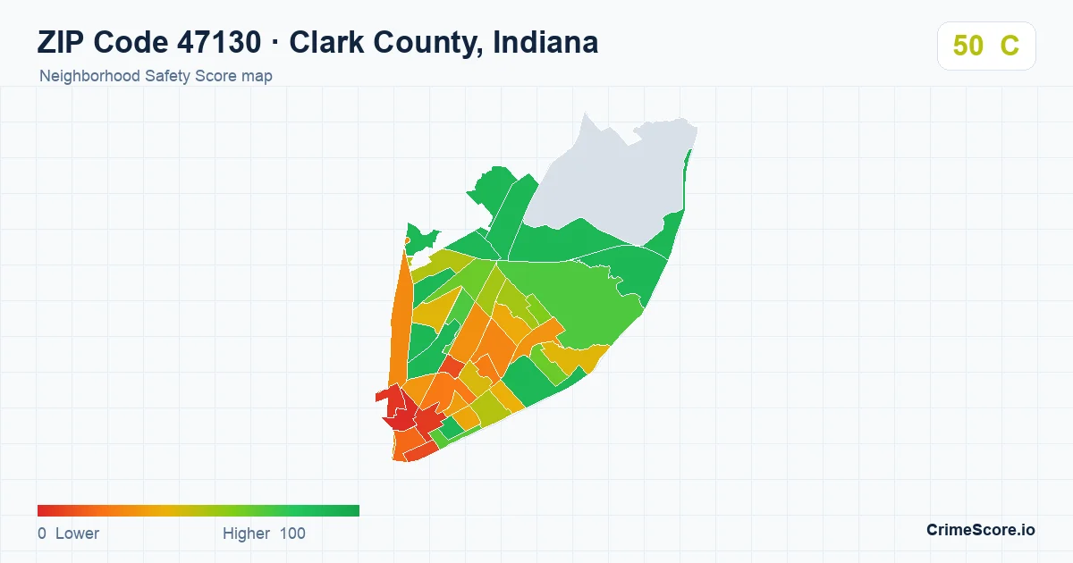ZIP Code 47130 in Clark County, Indiana neighborhood Safety Score map