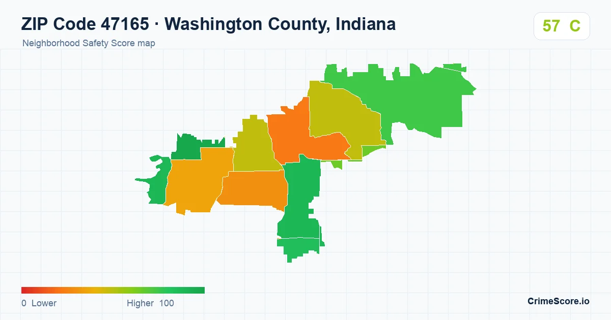 ZIP Code 47165 in Washington County, Indiana neighborhood Safety Score map