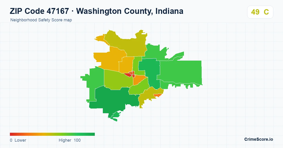 ZIP Code 47167 in Washington County, Indiana neighborhood Safety Score map