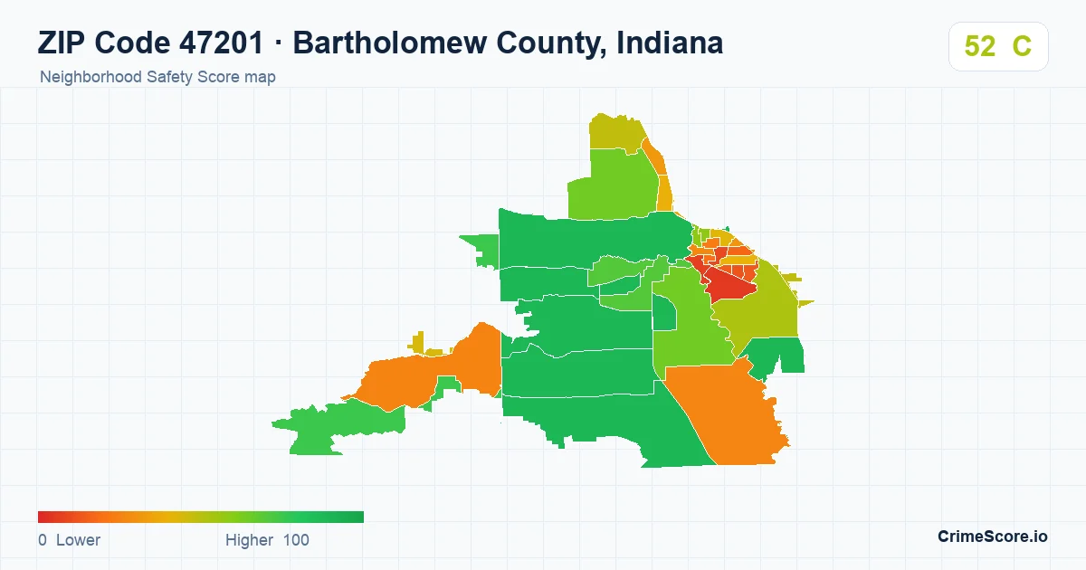 ZIP Code 47201 in Bartholomew County, Indiana neighborhood Safety Score map