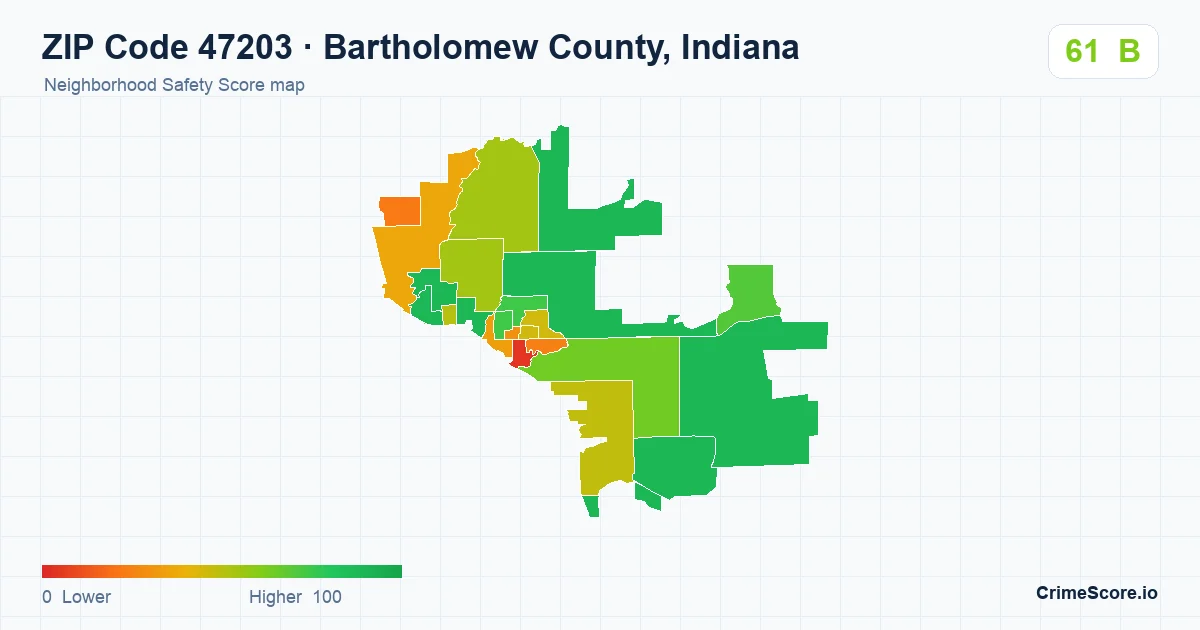 ZIP Code 47203 in Bartholomew County, Indiana neighborhood Safety Score map