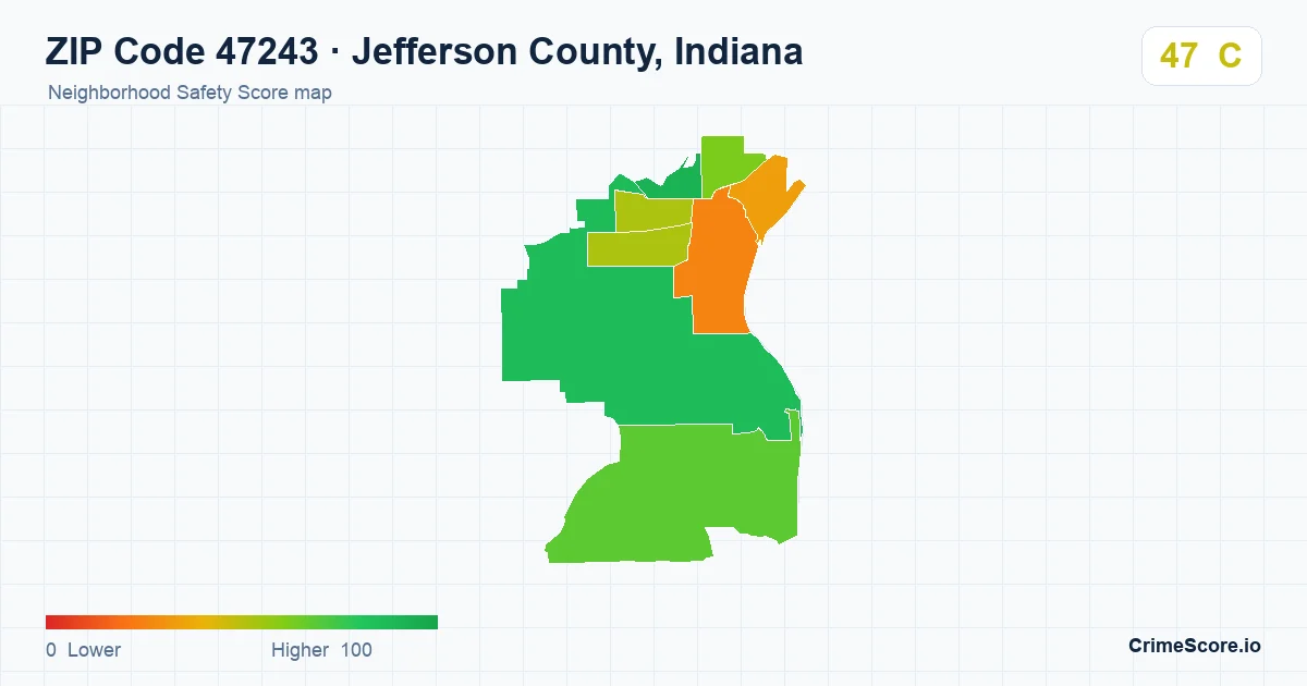 ZIP Code 47243 in Jefferson County, Indiana neighborhood Safety Score map