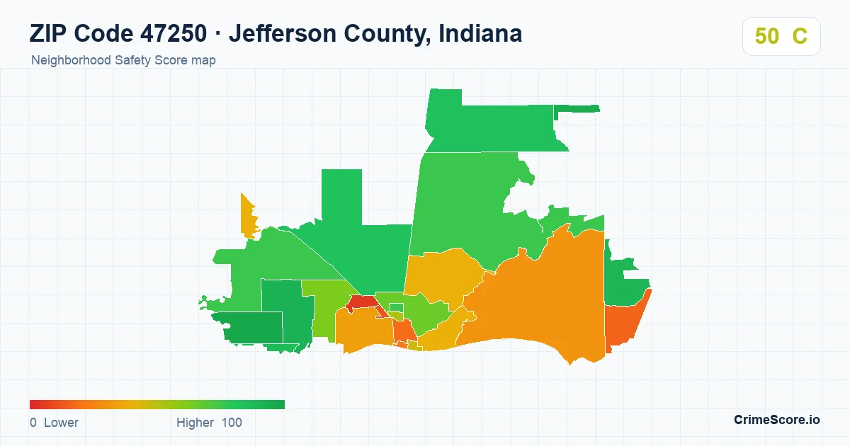 ZIP Code 47250 in Jefferson County, Indiana neighborhood Safety Score map