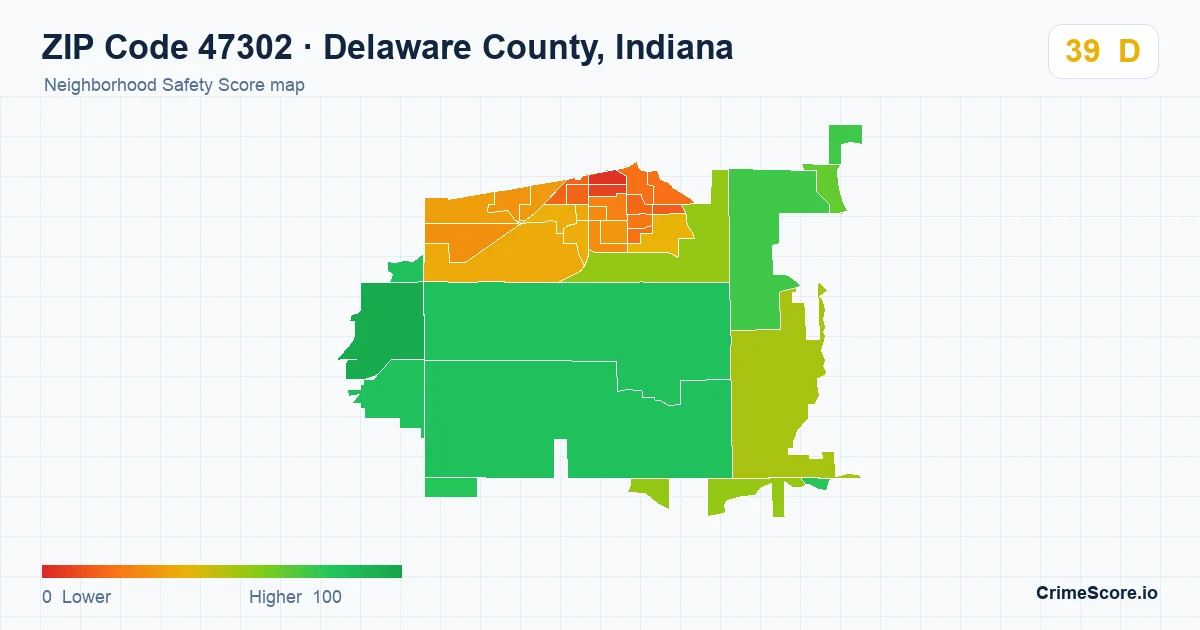ZIP Code 47302 in Delaware County, Indiana neighborhood Safety Score map