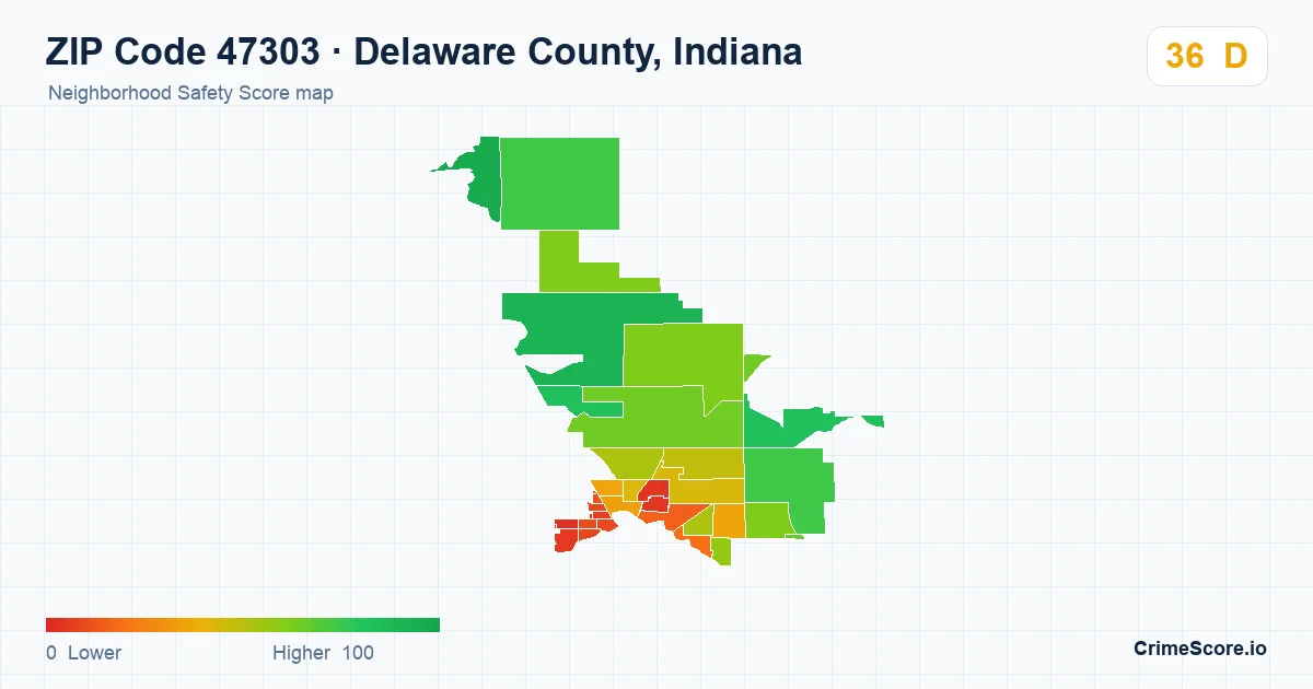 ZIP Code 47303 in Delaware County, Indiana neighborhood Safety Score map
