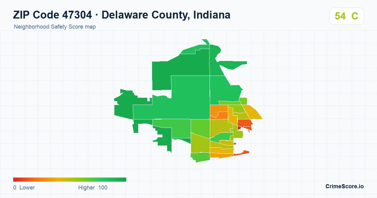 ZIP Code 47304 in Delaware County, Indiana neighborhood Safety Score map