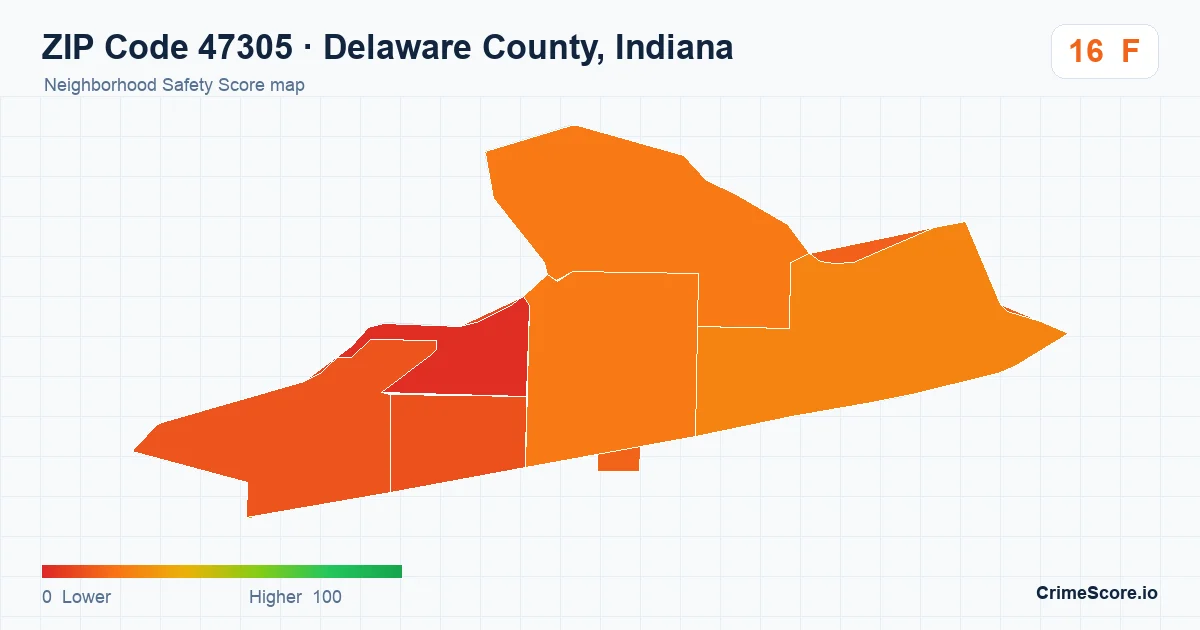 ZIP Code 47305 in Delaware County, Indiana neighborhood Safety Score map