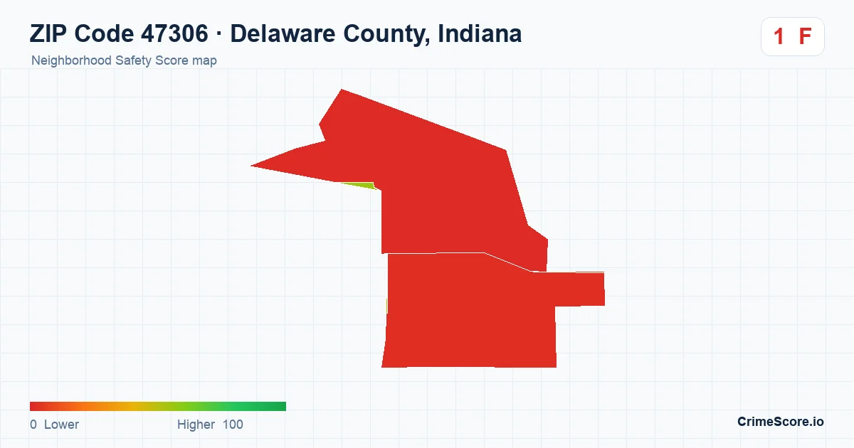 ZIP Code 47306 in Delaware County, Indiana neighborhood Safety Score map