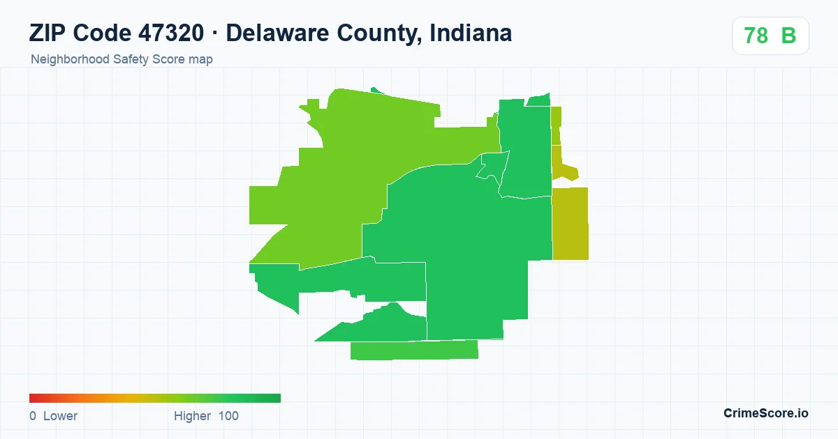 ZIP Code 47320 in Delaware County, Indiana neighborhood Safety Score map