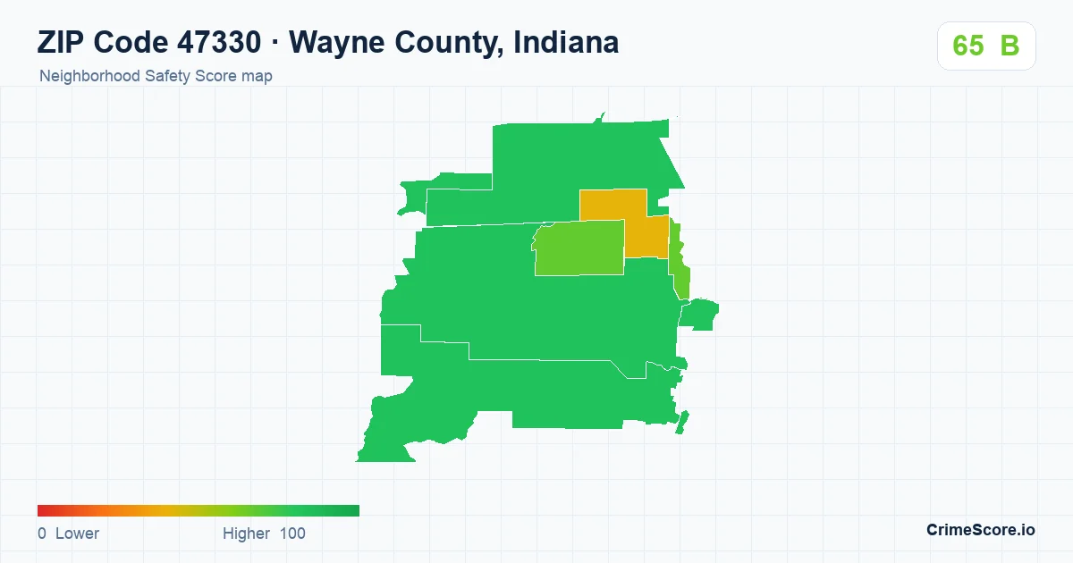 ZIP Code 47330 in Wayne County, Indiana neighborhood Safety Score map