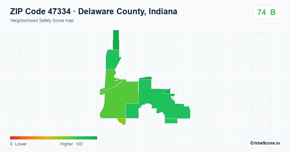ZIP Code 47334 in Delaware County, Indiana neighborhood Safety Score map