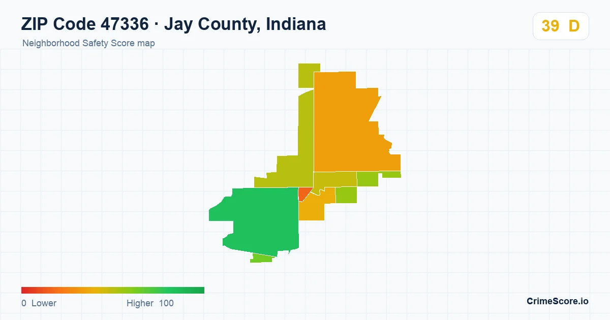 ZIP Code 47336 in Jay County, Indiana neighborhood Safety Score map