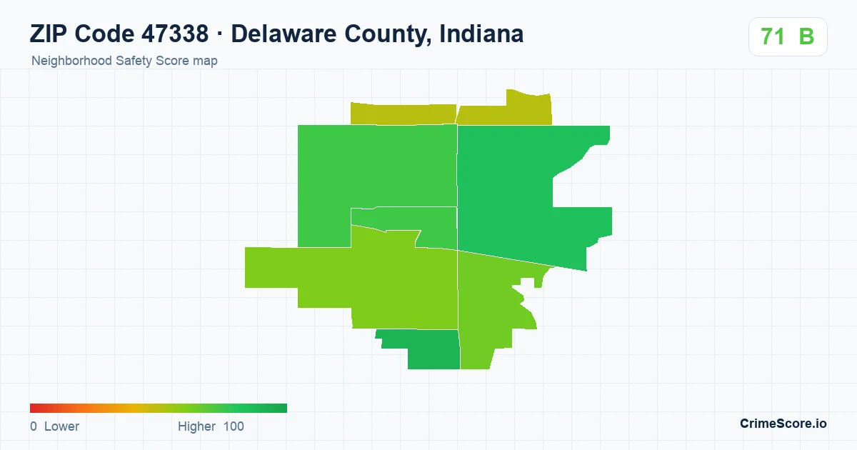 ZIP Code 47338 in Delaware County, Indiana neighborhood Safety Score map
