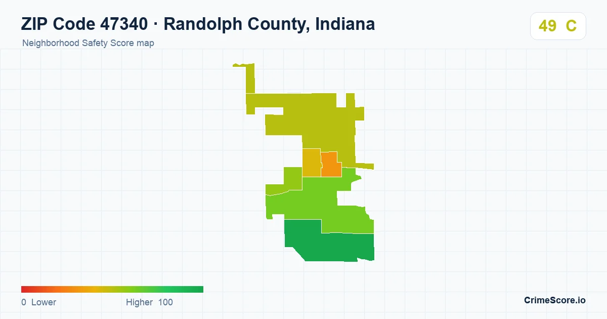 ZIP Code 47340 in Randolph County, Indiana neighborhood Safety Score map