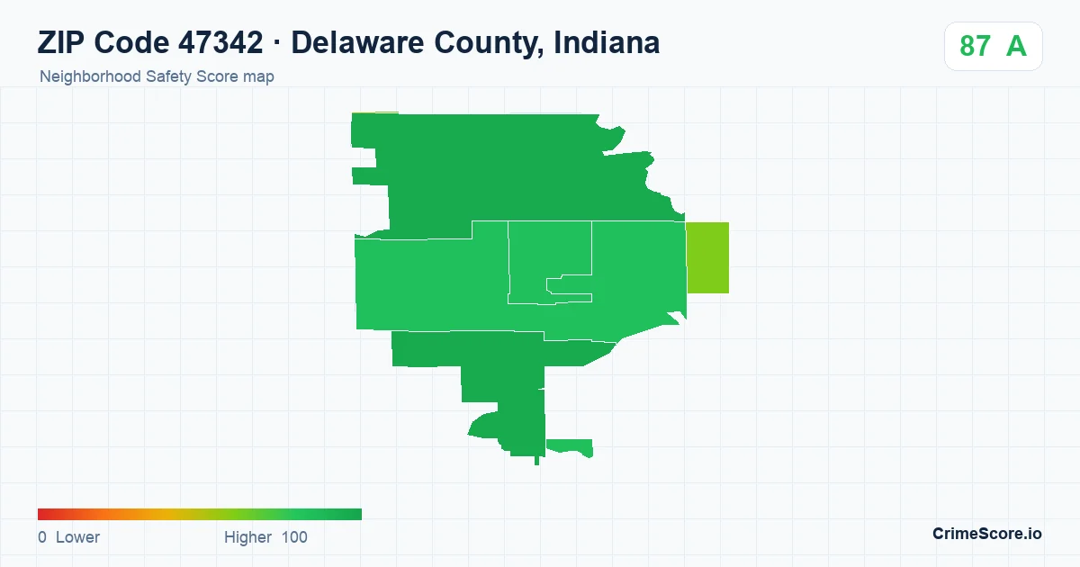 ZIP Code 47342 in Delaware County, Indiana neighborhood Safety Score map