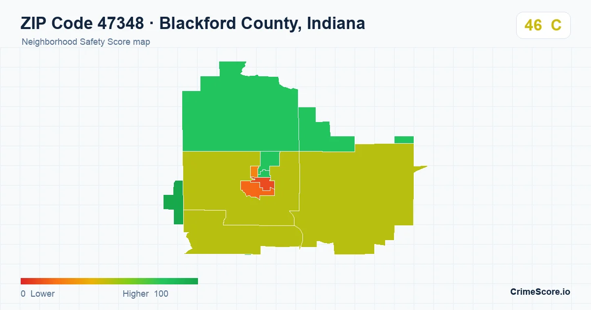 ZIP Code 47348 in Blackford County, Indiana neighborhood Safety Score map