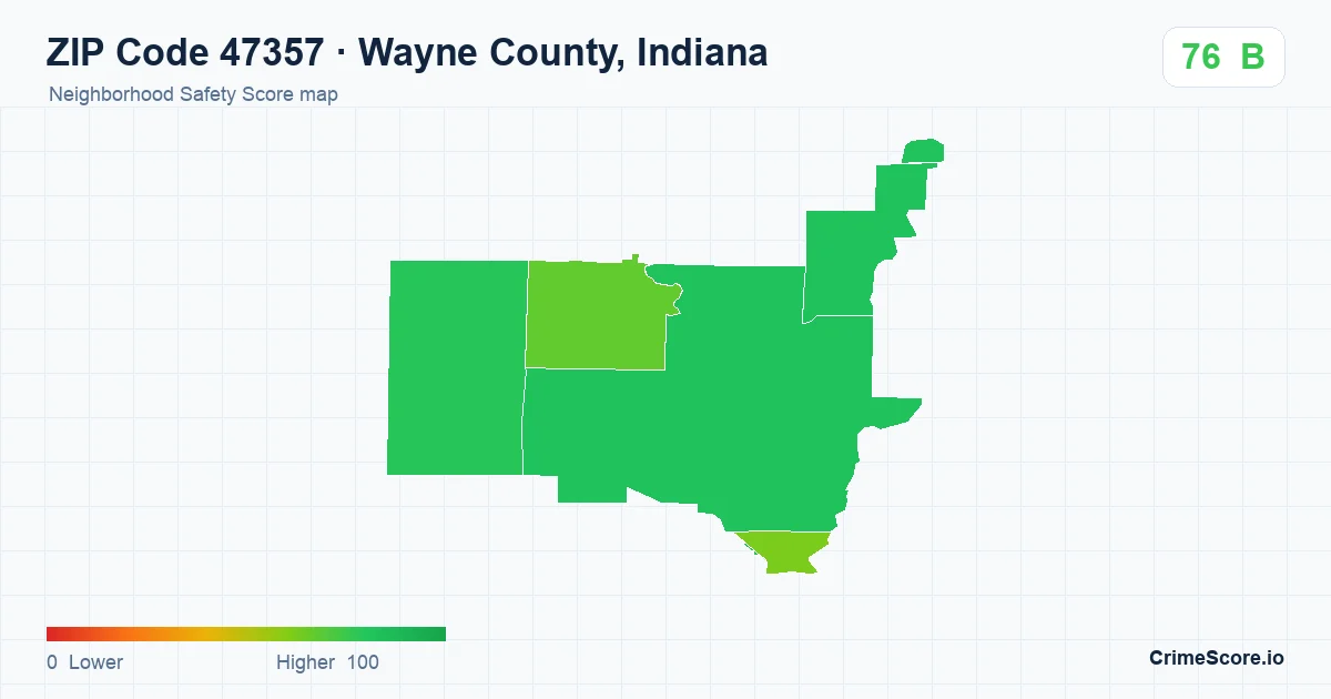 ZIP Code 47357 in Wayne County, Indiana neighborhood Safety Score map