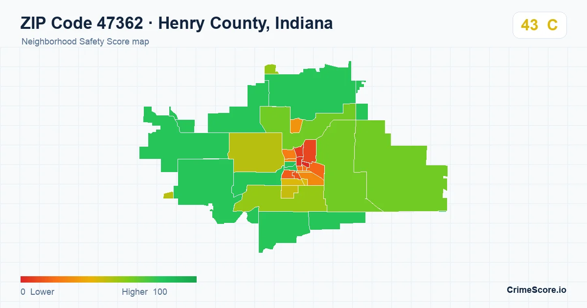 ZIP Code 47362 in Henry County, Indiana neighborhood Safety Score map