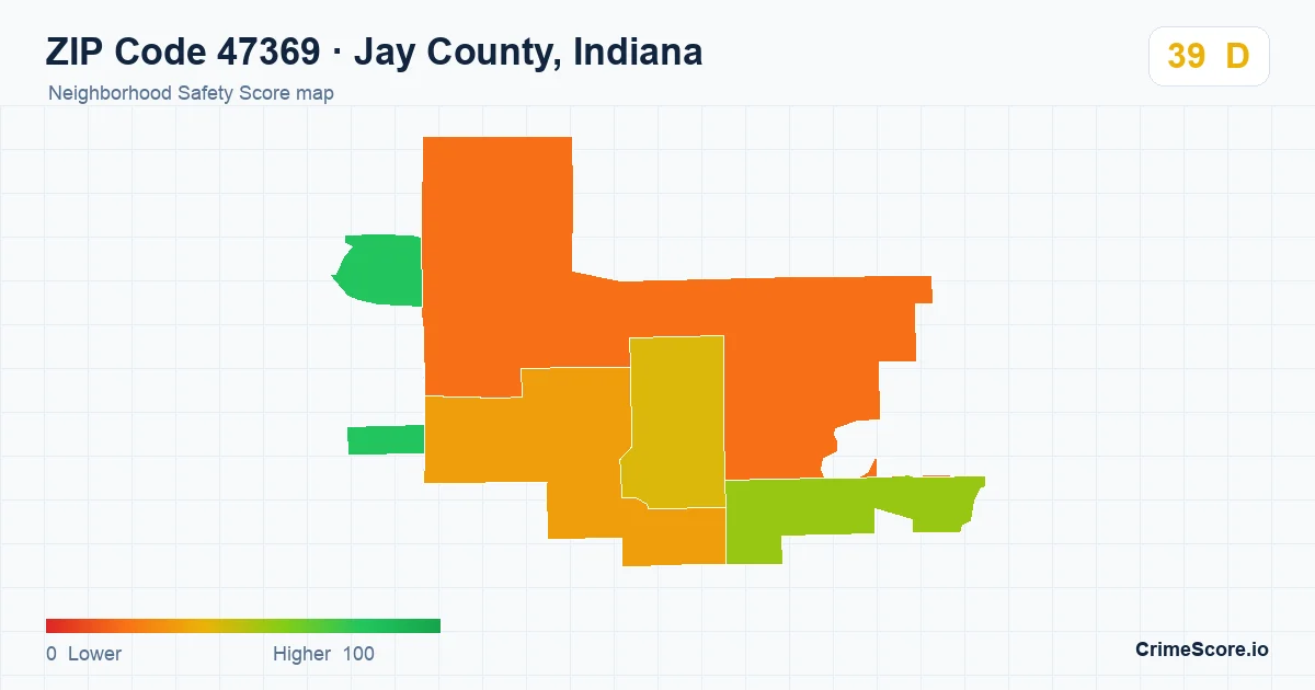 ZIP Code 47369 in Jay County, Indiana neighborhood Safety Score map