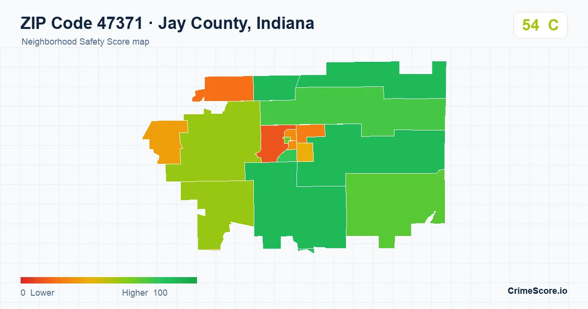 ZIP Code 47371 in Jay County, Indiana neighborhood Safety Score map