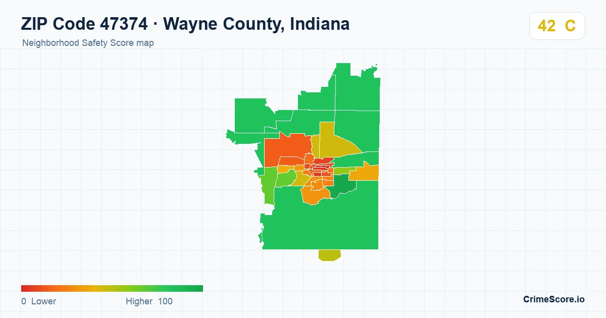 ZIP Code 47374 in Wayne County, Indiana neighborhood Safety Score map