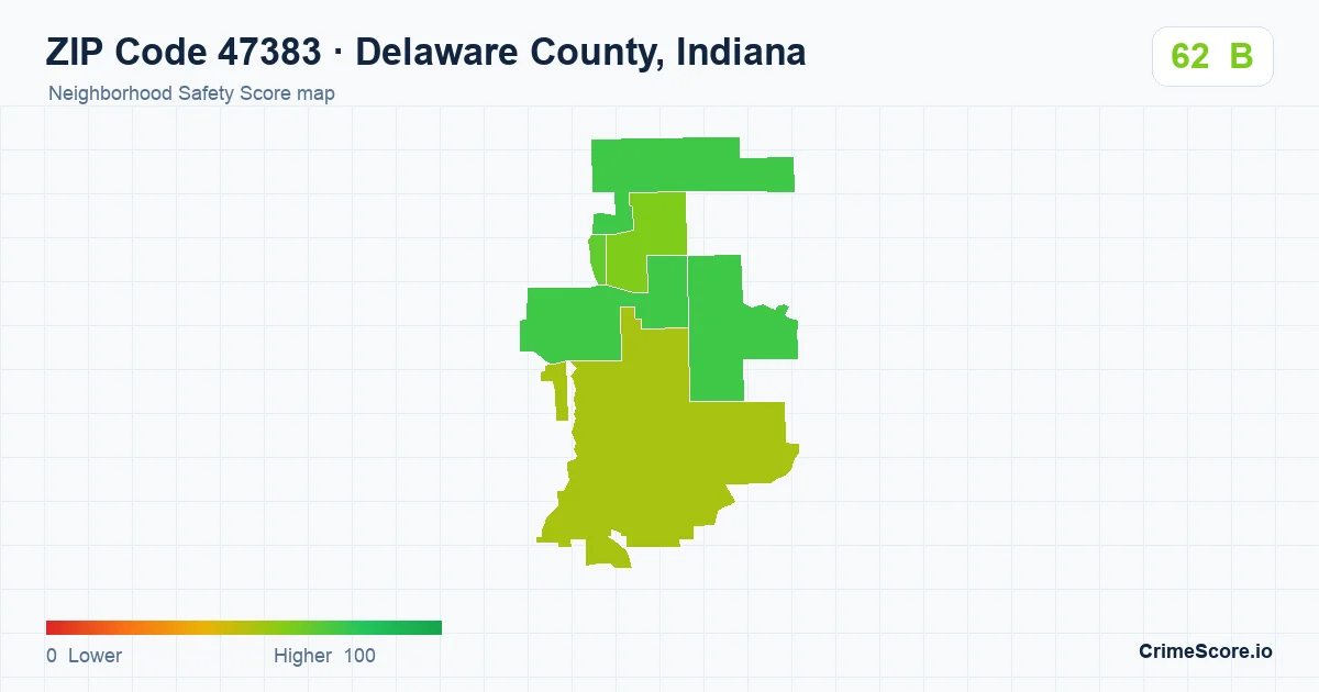 ZIP Code 47383 in Delaware County, Indiana neighborhood Safety Score map