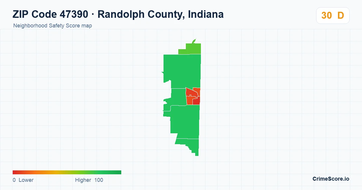 ZIP Code 47390 in Randolph County, Indiana neighborhood Safety Score map