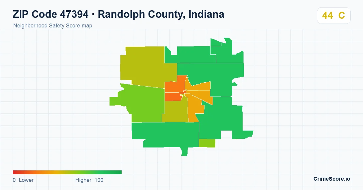 ZIP Code 47394 in Randolph County, Indiana neighborhood Safety Score map