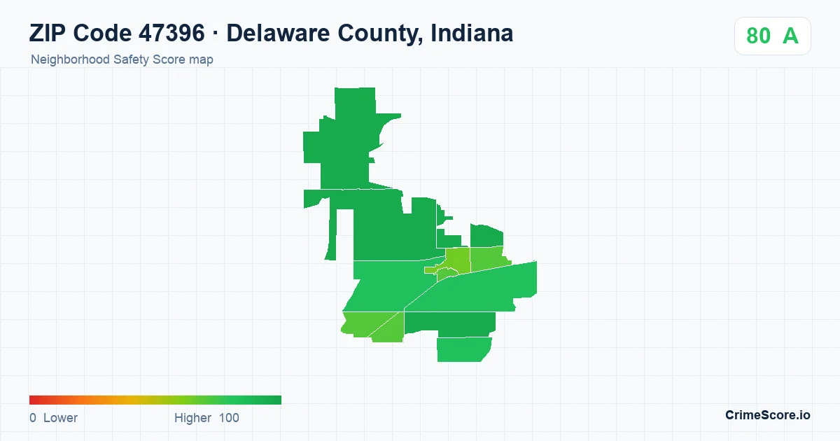 ZIP Code 47396 in Delaware County, Indiana neighborhood Safety Score map