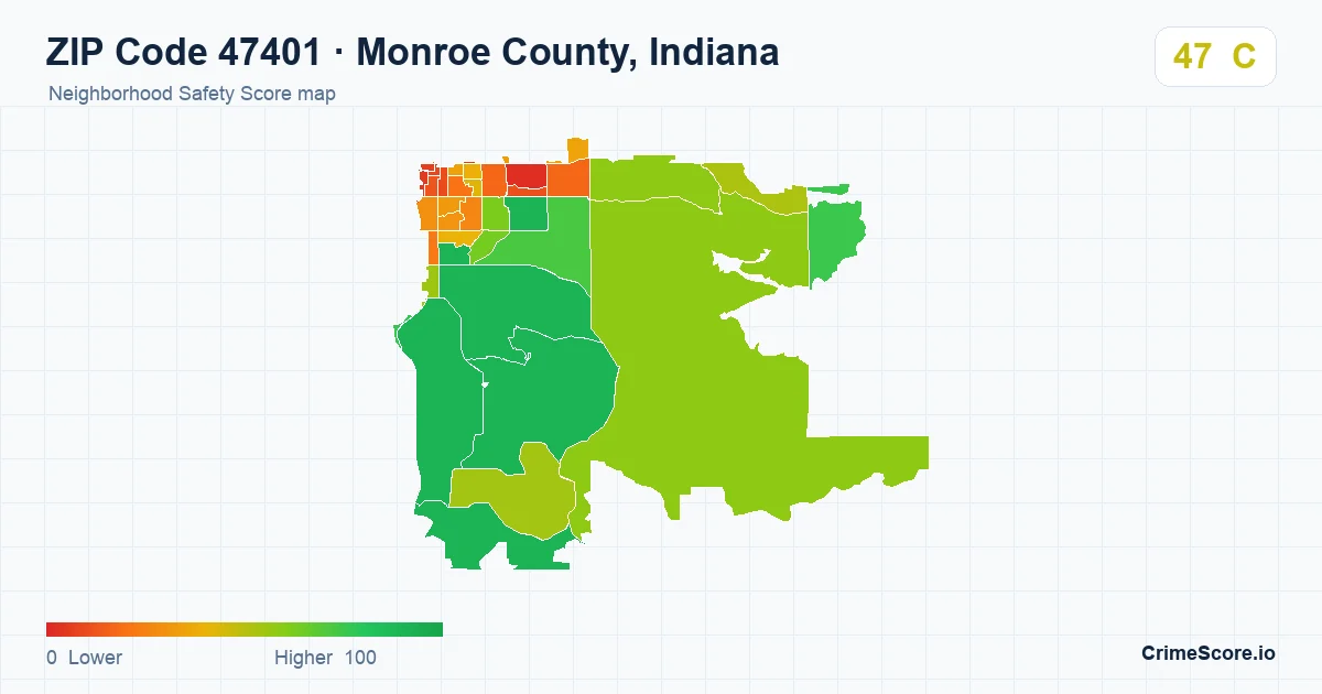 ZIP Code 47401 in Monroe County, Indiana neighborhood Safety Score map
