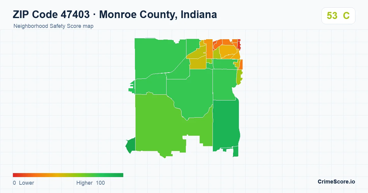 ZIP Code 47403 in Monroe County, Indiana neighborhood Safety Score map