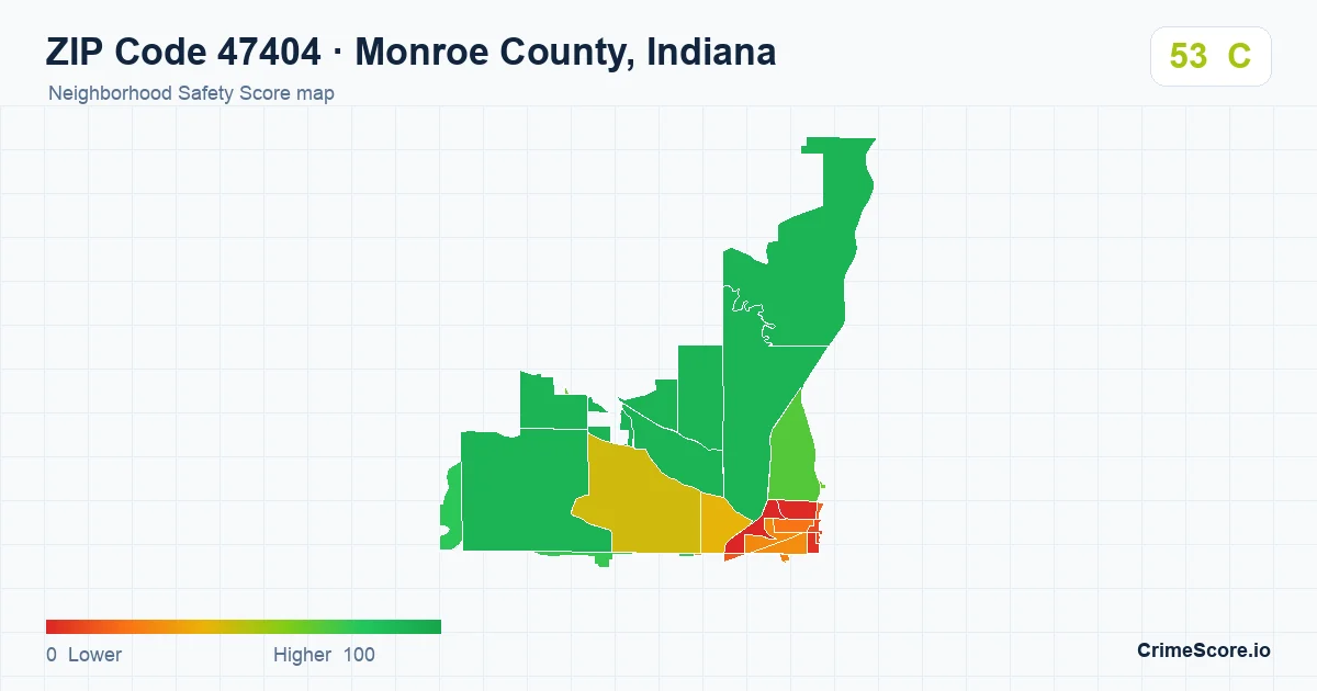 ZIP Code 47404 in Monroe County, Indiana neighborhood Safety Score map