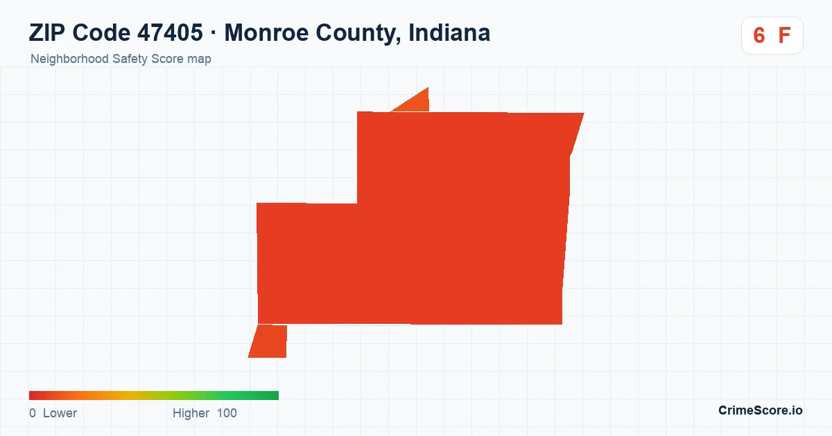 ZIP Code 47405 in Monroe County, Indiana neighborhood Safety Score map