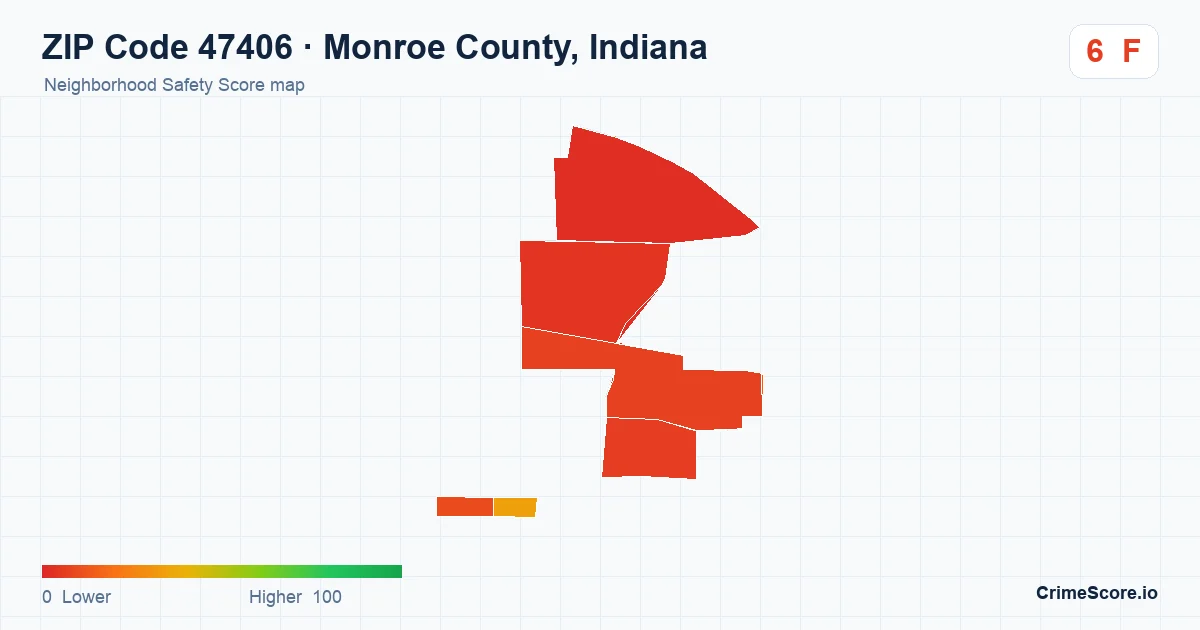 ZIP Code 47406 in Monroe County, Indiana neighborhood Safety Score map