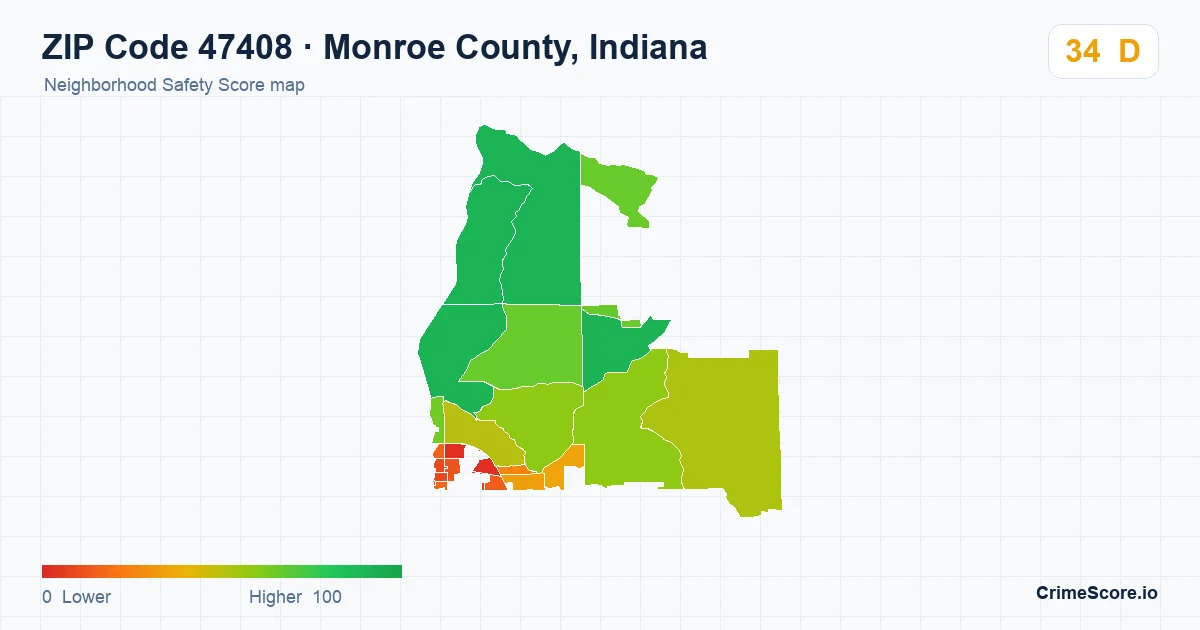 ZIP Code 47408 in Monroe County, Indiana neighborhood Safety Score map