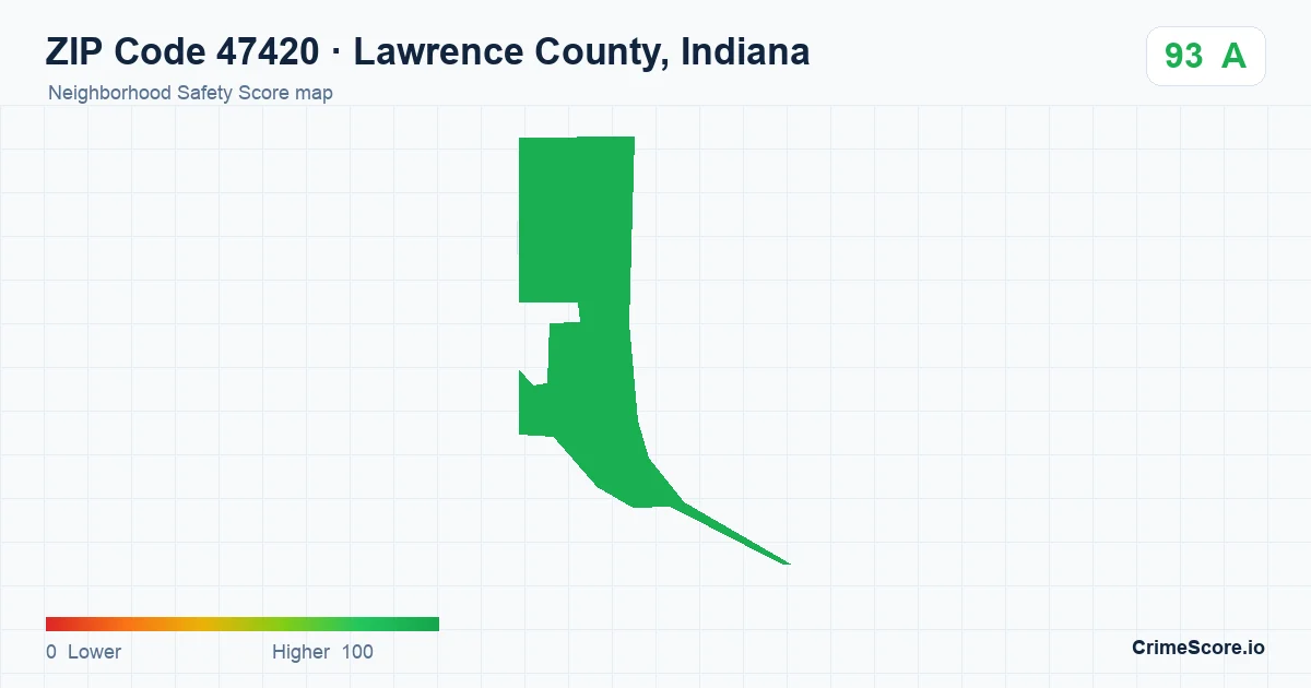ZIP Code 47420 in Lawrence County, Indiana neighborhood Safety Score map