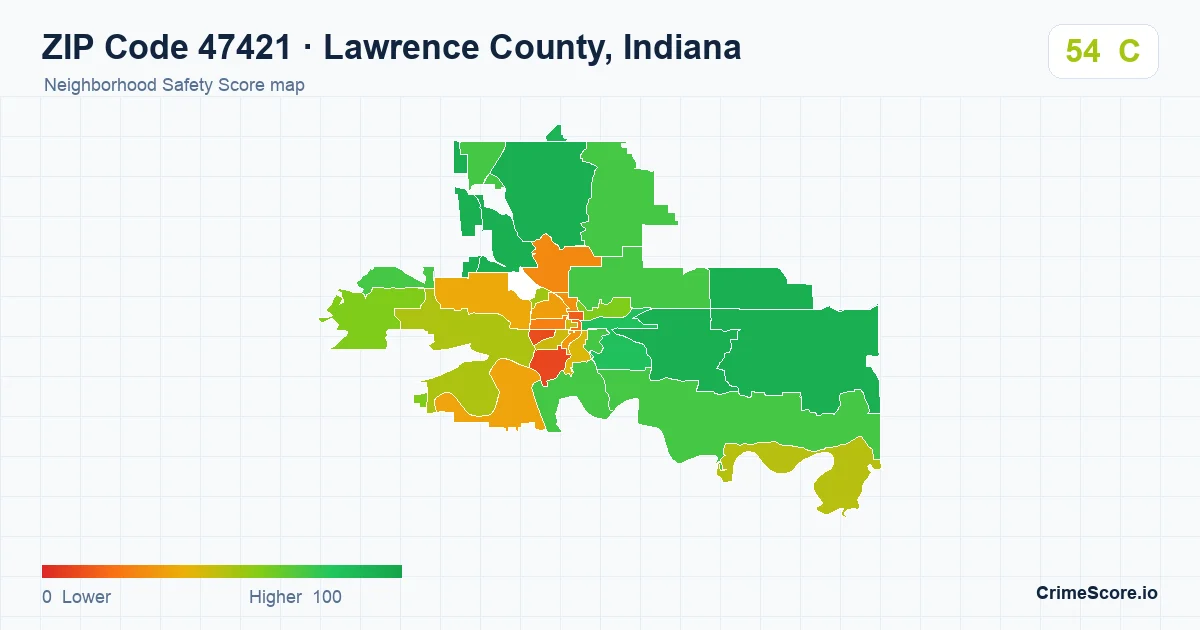 ZIP Code 47421 in Lawrence County, Indiana neighborhood Safety Score map