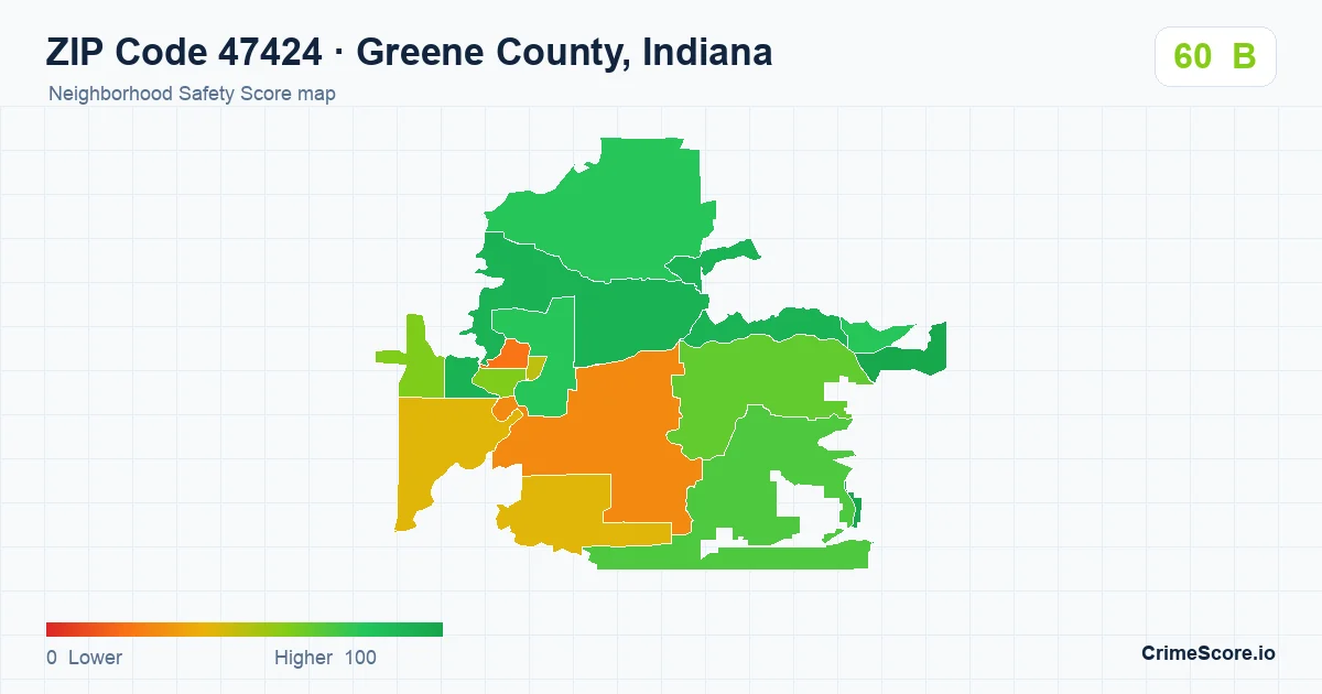 ZIP Code 47424 in Greene County, Indiana neighborhood Safety Score map