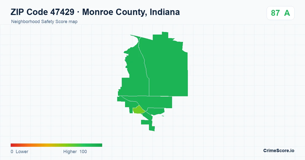 ZIP Code 47429 in Monroe County, Indiana neighborhood Safety Score map
